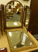 Walnut framed triple dressing table mirror and a rectangular bevelled edge wall mirror in gilt