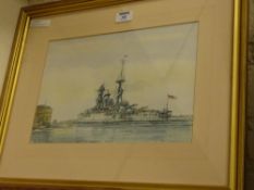 Battleship in the Solent watercolour by M G Pearson