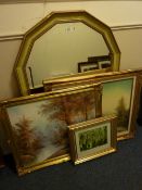 Bevelled edge shaped top mirror, two oil paintings and a woodland limited edition print