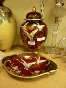 Carlton Ware Rouge Royale lidded vase 28cm and matching shallow dish decorated with mallards