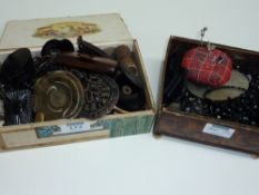 Victorian jet, snuff boxes, vintage buttons and costume jewellery in two boxes