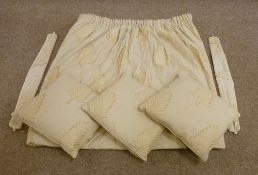 Pair of quality lined beige and gold leaf pattern embroidered curtains with tieback's 389 x 224cm