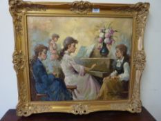 'The Piano Recital' signed oil on can vas in heavy gilt frame