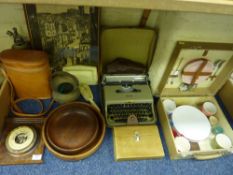 Picnic set, oak cased aneroid barometer, old typewriter, woodcut of Beverley and other miscellanea