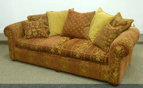Pair quality four seat settees with feather scatter cushions in red and gold chenille