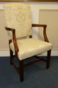 18th Century mahogany framed upholstered armchair in cream damask cover