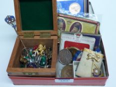 Vintage enamel badges, commemorative items, buttons, coins etc in one box