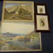 Irish Landscape watercolour by C S Pape, titled verso, colour print after W Heaton Cooper and two