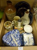 Blue and white cheese dishes, Wade Whimsies and other ceramics in one box