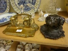 Art Nouveau period brass desk stand with cut crystal inkwells and a cast iron spaniel's head