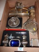 Edwardian silver-plated desk stand with large cut crystal inkwell, a horn with metal mounts and