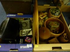 Treen, cameras, coal box and tools in two boxes