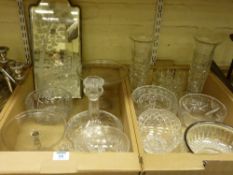 Cut crystal ship's decanter, an etched mirror, crystal and other glassware in two boxes