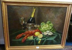 'Champagne, Lobster and Oysters' mid 20th Century oil on canvas initialled