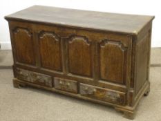 George III oak mule chest, four fielded front panels above three drawers