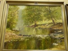 'The River Severn at Sinnington' oil on board signed by Ken Johnson