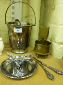 Silver-plated ice bucket and pair of glove stretchers with hallmarked silver handle