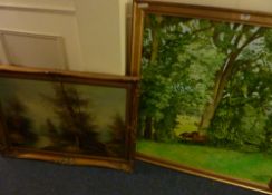 Woodland with Horses large oil on canvas and another landscape oil on canvas in gilt frames