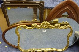 Wall mirror in folded gilt frame, circular bevelled edge mirror and four others