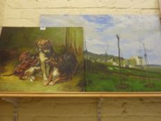 Three dogs in stable setting oil on canvas laid on board signed Danny Wallace and another oil on