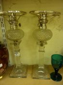 Pair of late Victorian hobnail cut crystal oil lamp reservoirs with silver-plated mounts and a