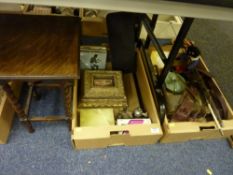 Oak occasional table with turned bobbin legs, riding cops, leather belts, walking sticks and