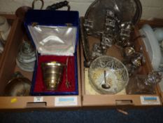 Silver-plated candelabra, other plated ware, metalware and glassware in two boxes