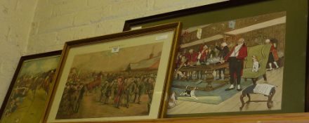 'Newmarket Tattersall's 1887' colour print after Lib, 'The Blue Market Races' and a hunting scene