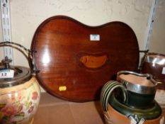 Edwardian mahogany kidney shaped tray inlaid with satinwood shell motif 45cm