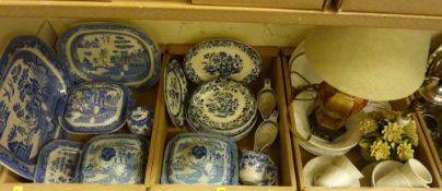 Victorian and later blue and white printware and other ceramics and table lamps in three boxes