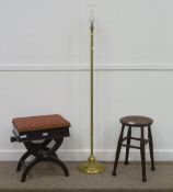 Edwardian walnut piano stool, adjustable x-shaped action, hinged top; elm stool and brass standard