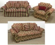 Parker Farr Clarendon three seat settee, matching two seater and armchair in red and gold damask