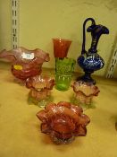 Pair of Victorian cranberry glass salts with vaseline moulded feet and five other pieces of coloured