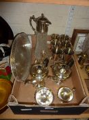 Set of six silver-plated goblets, four piece tea set, gallery tray etc in one box