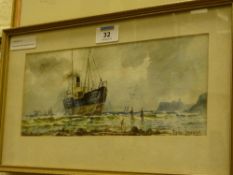 Steam Boat Grounded in the North Bay Scarborough, watercolour signed and dated by Austin Smith 1912