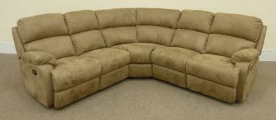 Yorker reclining corner sofa in Buckskin beige cover with pair matching electric reclining armchairs