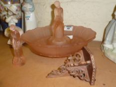 Art deco glass bowl and figure flower frog miniature carved wood bracket etc