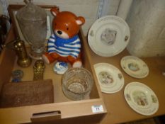 Four Wedgwood Mrs Tiggy-Winkle and Peter Rabbit plates, glassware, paperweights etc in one box