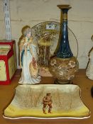 Royal Doulton figure of 'Eliza Farren Countess of Derby' HN1442, two Royal Doulton plaques and a