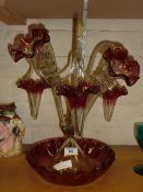 Cranberry tinted epergne (one arm missing)