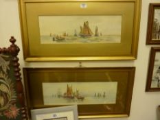 Fishing Boats at Sea, pair early 20th Century watercolours in gilt frames