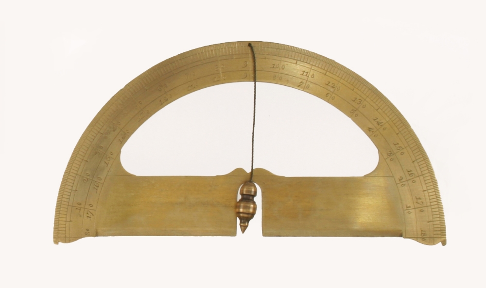 A fine early 5 1/4" French brass protractor with decorated edges and brass plumb bob G++
