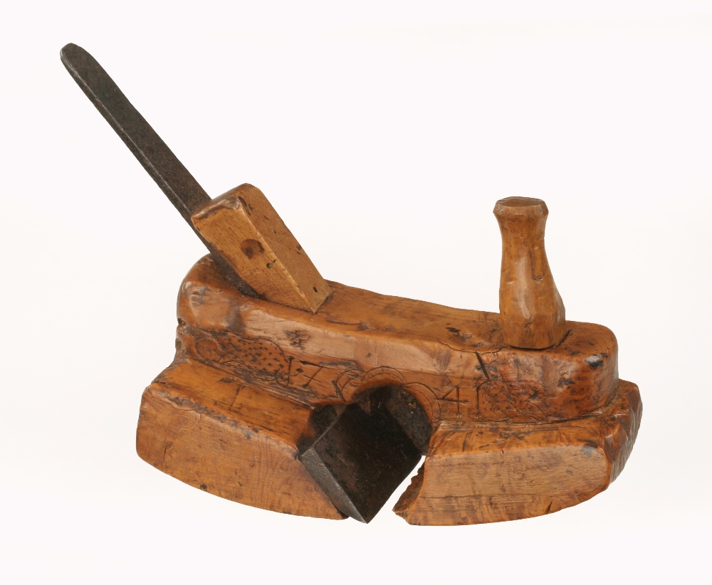 A miniature 18c French, burr boxwood, compass smoother 4 1/2" x 2" with front tote and engraved on