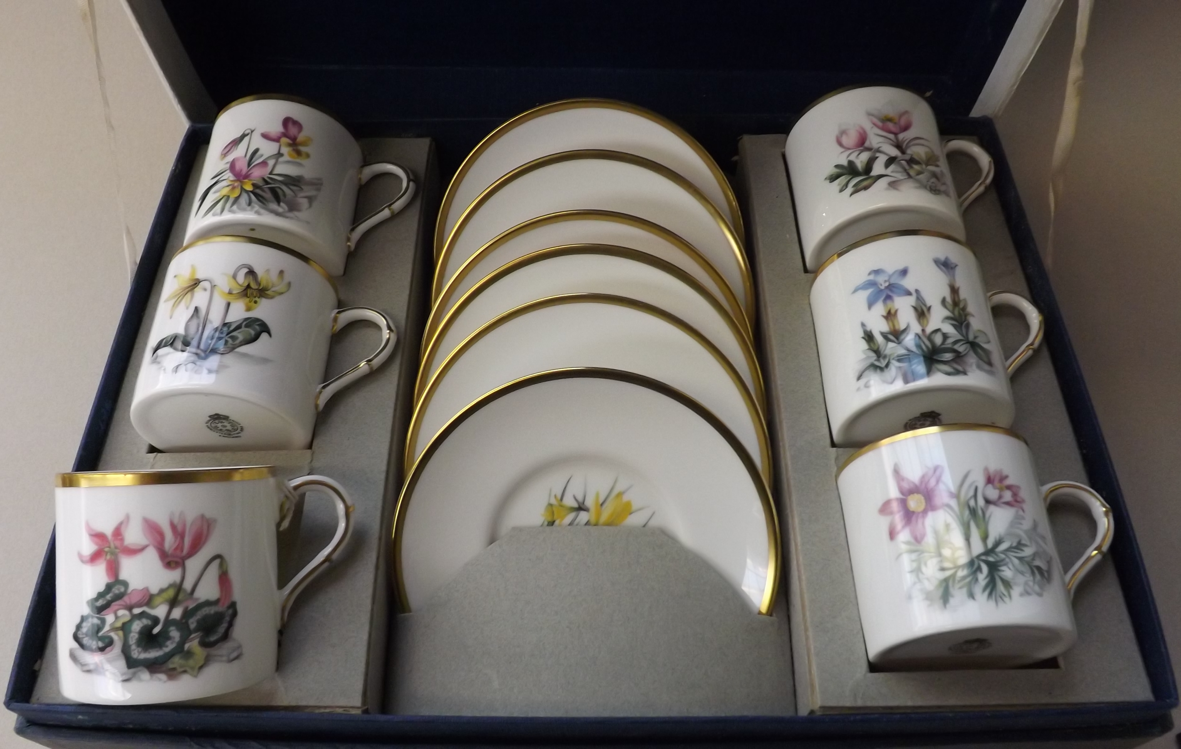 A Royal Worcester boxed set of six botanical painted coffee cans and saucers.