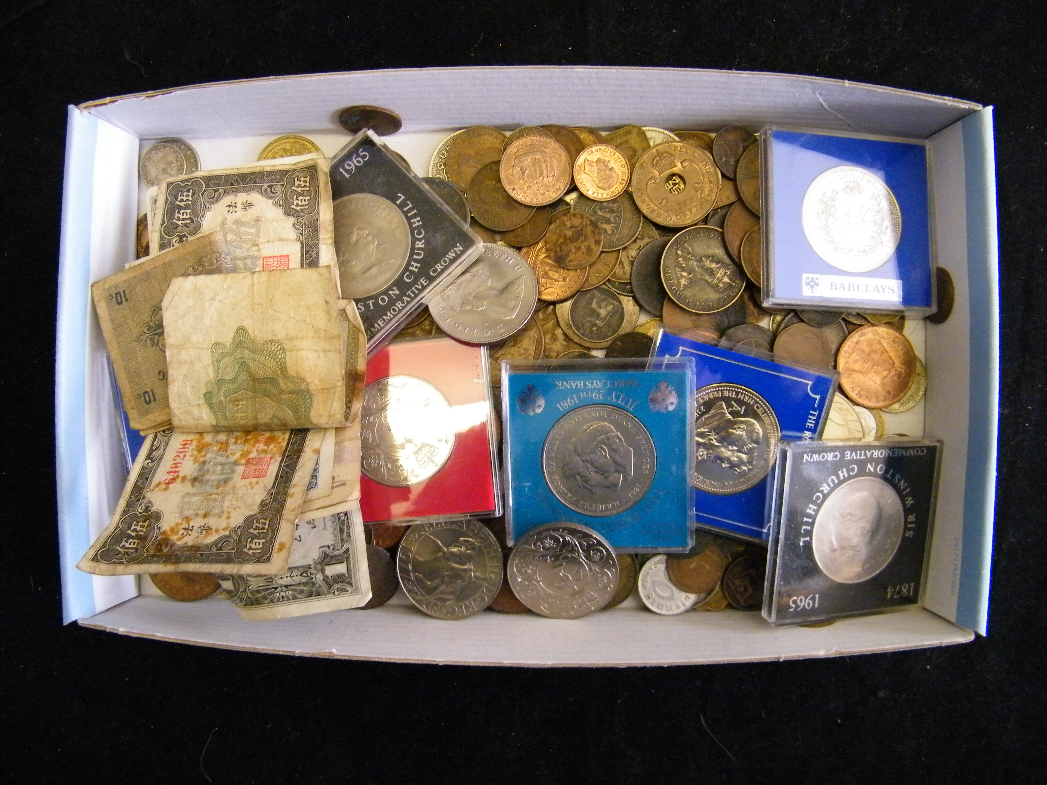 World coins and banknotes.