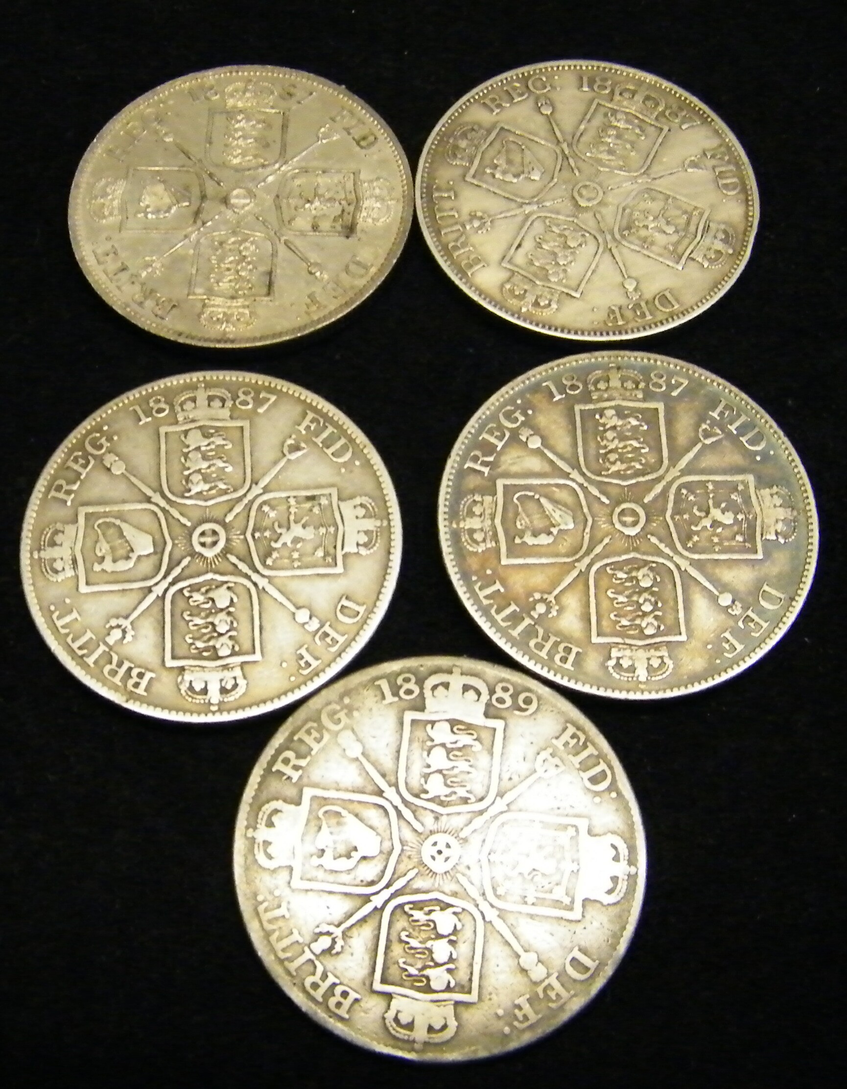 4/- pieces, five including one 1887 E.F.t, 1887 (4) and 1889.