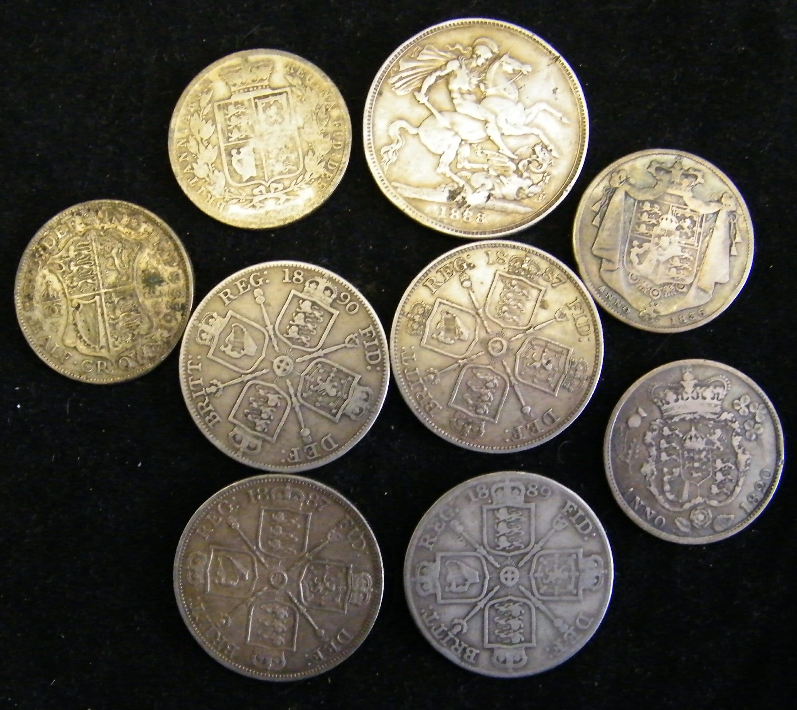 4/- 1887 (2), 1889 and 1890 together with crown 1888 and four half crowns.