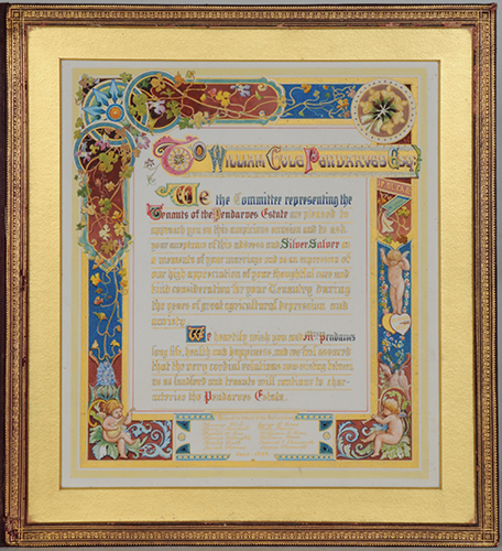 ILLUMINATED ADDRESS. Fine illuminated address to William Cole, Pendarves, hand painted colour and