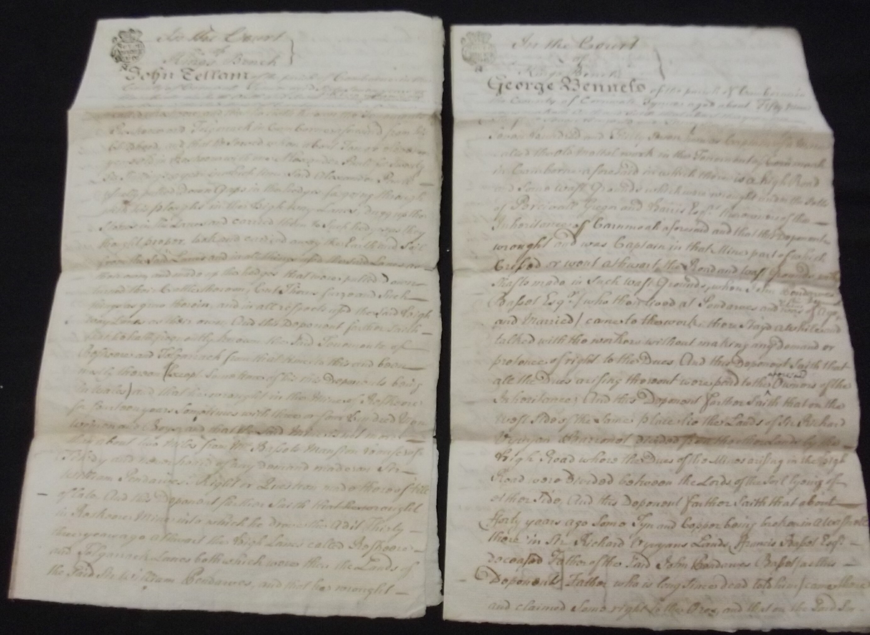 COURT OF KINGS BENCH. Two manuscript foolscap depositions Geo. Bennetts Sept. 1759 "Minerals under