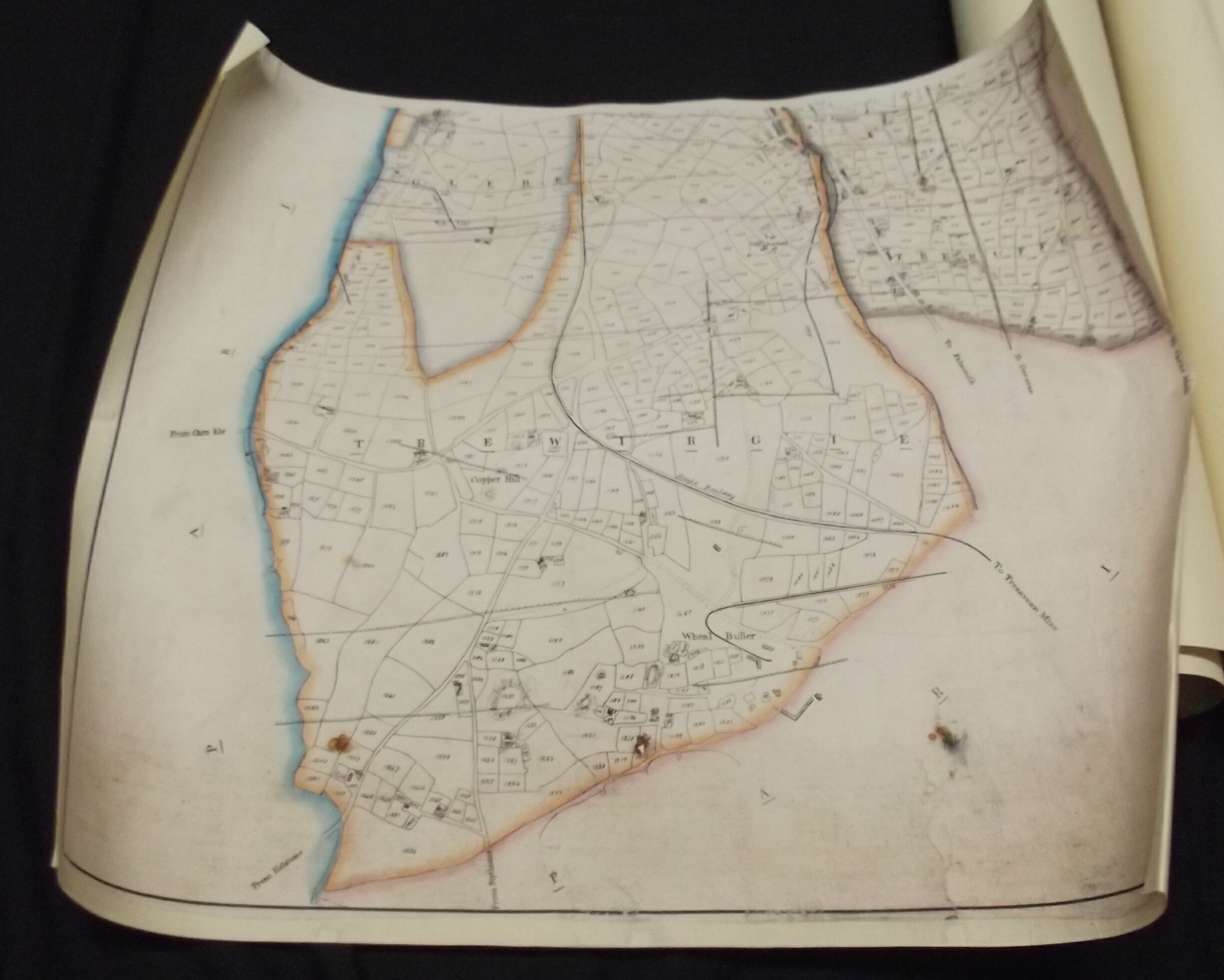 "Map of the Parish of Redruth in the County of Cornwall." by J. Rowe 1848, pen and ink and col, four